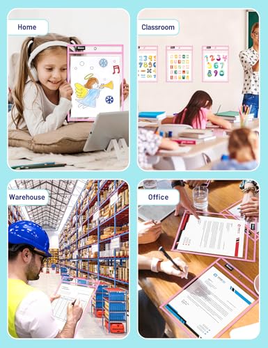 SUNEE 6 Packs Oversized Reusable Dry Erase Pocket Sleeves with Ring, Pink 10x14 Ticket Holders, Clear Plastic Sheet Protectors, Teacher School Classroom Supplies - color: Pink, style: 6 Pack