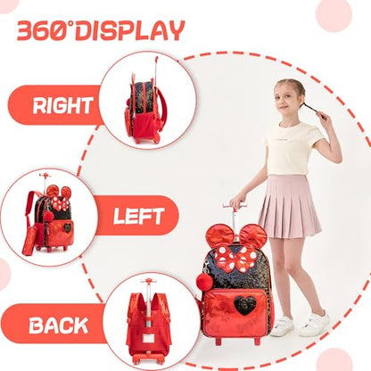 Meetbelify Rolling Backpack for Girls Backpacks with Wheels for Elementary School Students Kids 3 in 1 Travel Luggage Suitcase with Lunch Box Pencil Case for Girls Age 8-10 - color: Big Ear Red