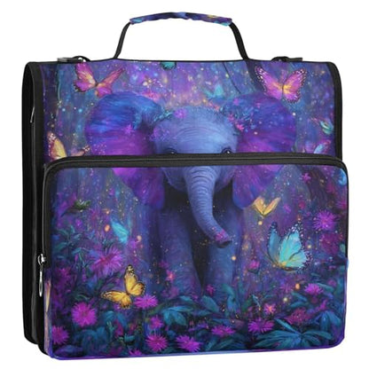 Elephant Butterfly Flowers Purple 3 Ring Zipper Binder 1.5 Inch D-Ring Binder with Zipper Multi-Pockets 500 Sheets Capacity Expanding File Folder Binders Organizer for School Office