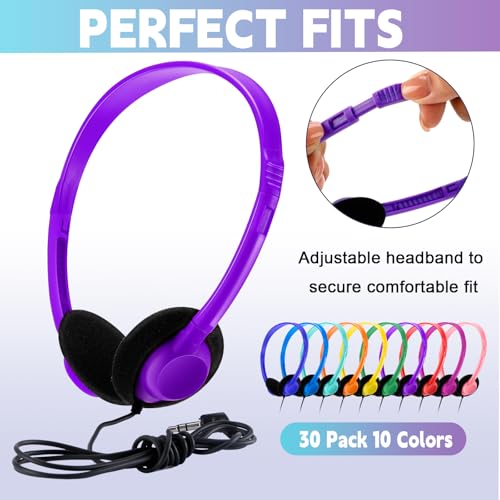Yunsailing 30 Pack Bulk Headphones Set Over Ear Headphones with Adjustable Headband 3.5mm Plug Headsets Earphones for Learning Program, Computer Lab, Library, Testing & Multimedia Use (Colorful) - color: Colorful