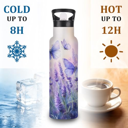 Water Bottles with Straw,Purple Butterfly Stainless Steel Cup Leak Resistant Double Wall Lavender Insulated Water Bottle with Handle for Gym Cycling Hiking Office 20 oz - color: Purple Butterfly,Lavender