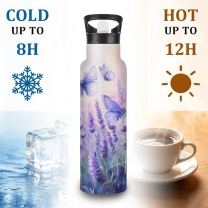 Water Bottles with Straw,Purple Butterfly Stainless Steel Cup Leak Resistant Double Wall Lavender Insulated Water Bottle with Handle for Gym Cycling Hiking Office 20 oz - color: Purple Butterfly,Lavender