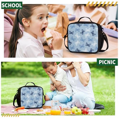 Blue Butterfly Lunch Box for Girls Boys Kids Insulated Lunch Bag Cute Butterflies Lunchbox Reusable Cooler Lunch Pail Thermal Meal Tote Kit with Shoulder Strap for School Picnic - color: Blue Butterfly