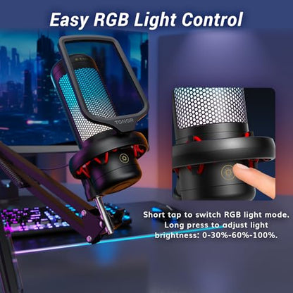 TONOR Gaming Microphone Set with Boom Arm, Vocal Condenser Microphone for Content Creators, USB Mic for PC with Stand, RGB, Tap Mute, Gain Control, Gaming Equipemnt, Twitch, Streaming, TC310+ - style: RGB Mic with Boom Arm