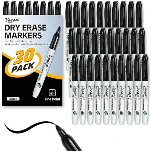 VEESA Dry Erase Markers Fine Tip, 30 Pack, Bold Black & Low-Odor | German ink, Easy to Erase, Back to School Supplies