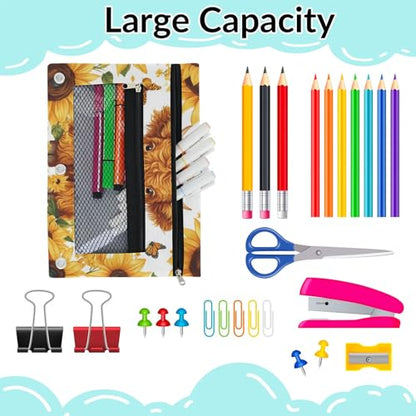 Sunflower Highland Cow Pencil Pouch for 3 Ring Binder Cattle Butterfly Pencil Case Bag with Clear Window Zipper Pockets for Kids Girls Boys Students School College Supplies 2 Pack