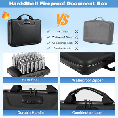 Portable Fireproof Document Box, 13-Pocket Accordion File Organizer, Lock-Safe Hard Case with Handle, Waterproof Folder for Important Documents, Cash, Home & Office