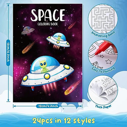 BenLouis 24 Outer Space Mini Coloring Books Kids with 24 Stacking Crayons Astronaut Party Favors Activity Books Bulk for Kids Solar System Galaxy Alien Goodie Bag Gift Stuffer Classroom Reward - style: Space