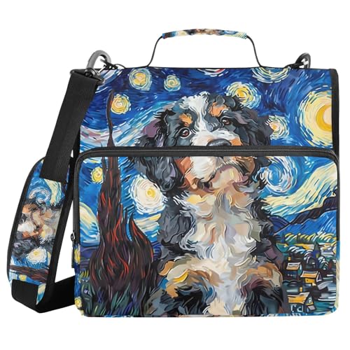 3 Ring Zipper Binder with Shoulder Strap Bernedoodle Dog Starry Night 1.5 inch Binders Keeper Large Capacity Multi Pockets for School Office Supplies - color: Multi477, size: Fit 500 Sheets