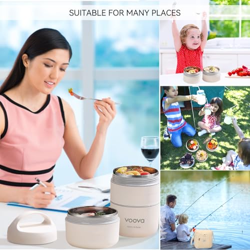 Voova Stackable Stainless Steel Thermal Lunch Box with Lunch Bag and Cultery Set for Adult Women Men, 3 Tier Leakproof & Microwave Safe Insulated Bento Boxes Food Container for Work, Beige - color: Beige