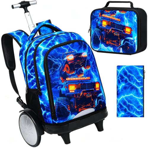 3Pcs Large Rolling Backpack for Boys, 20 Inch Detachable Wheeled Bookbag with Lunch Box, Durable Lightning Truck Roller Backpack for Elementary Middle School (Blue) - color: Large Wheels Truck Blue