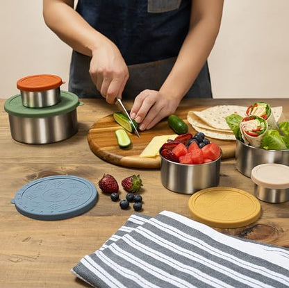 Stainless Steel Food Containers, Metal Lunch Boxes, Set of 5, Muted | Everusely lunch containers feature colorful lids and offer durable utility for snacks, meal prep, and food storage. - color: Muted