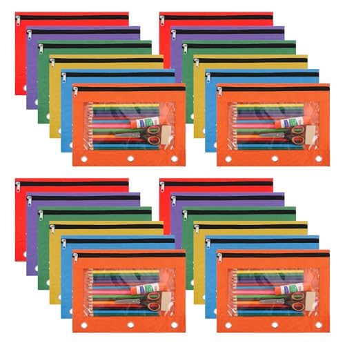 24 Pack 3-Hole Pencil Pouch for Binder, Assorted Colors Zipper Pencil Case with Clear Window, Durable Oxford Fabric Organizer for Office, Home & Business Supplies (Multicolor)