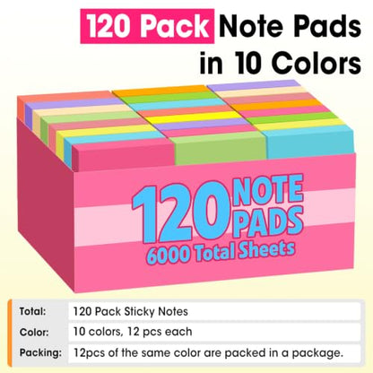 120 Pads Sticky Notes 3x3, Bright Colors Self-Stick Pads Bulk, Super Sticky Notes, School Supplies, Office Products, 50 Sheet/Pad