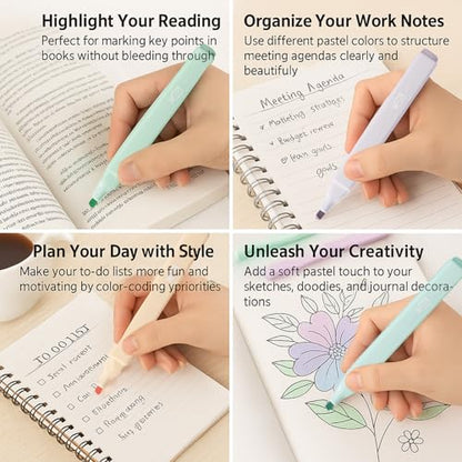 Pastel Highlighters Set, 12 Soft Pastel Colors – No Bleed, Quick-Dry Chisel Tip Highlighter Pens for Bible, Journals, Planners, Notes & Books