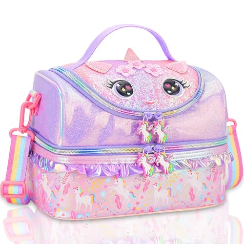 RHCPFOVR Kids Lunch Bag - Double - Decker Cooler Insulated Lunch Box for Boys Girls,Washable Lunch Bag and Reusable Toddler Lunchbox for School and Daycare - color: Purple Unicorn