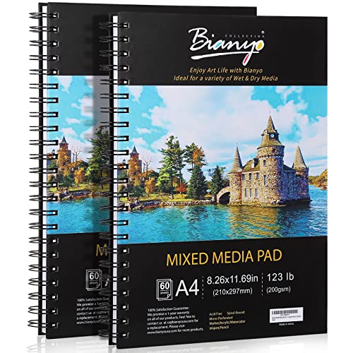 Bianyo Mixed Media Paper Sketchbook, A4 (8.26" X 11.69"), 60 Sheets/Each, 123 LB/200 GSM, Pack of 2 Pads, Spiral-Bound Pad, Ideal for Wet & Dry Media Like Marker, Watercolor, Acrylic, Pastel, Pencil - size: A4(8.26*11.69"), 120 sheets