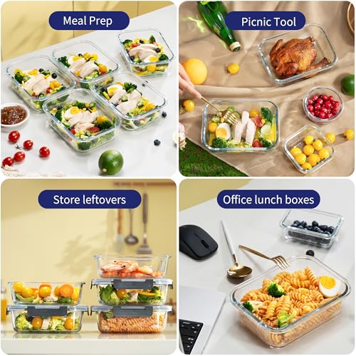 MFY 12-Pack Glass Storage Containers with Lids, Glass Meal Prep Containers Set, Airtight Lunch Containers with Lids, Microwave, Oven, Freezer and Dishwasher Safe, Gray