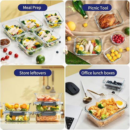 MFY 12-Pack Glass Storage Containers with Lids, Glass Meal Prep Containers Set, Airtight Lunch Containers with Lids, Microwave, Oven, Freezer and Dishwasher Safe, Gray