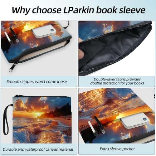 Padded Book Sleeve with Zipper & Front Pocket, Fabric Book Cover | Golden Sunset Beach Waves11.4"x8.7" Washable Canvas Pouch for Hardcovers, Tablets & Reading Accessories - color: Golden Sunset Beach Waves