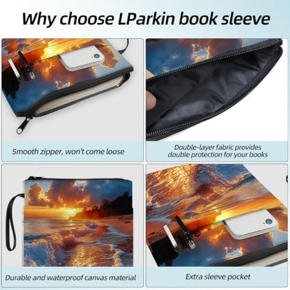 Padded Book Sleeve with Zipper & Front Pocket, Fabric Book Cover | Golden Sunset Beach Waves11.4"x8.7" Washable Canvas Pouch for Hardcovers, Tablets & Reading Accessories - color: Golden Sunset Beach Waves