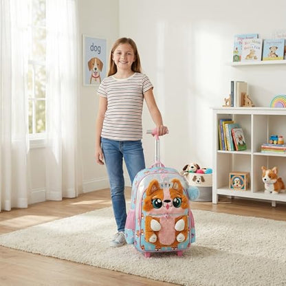 Cute Rolling Backpack for Girls,Lightweight Kids Backpack with Wheels,Wheeled School Bookbag with Pencil Case Lunch Box for Students - color: Orange Dog