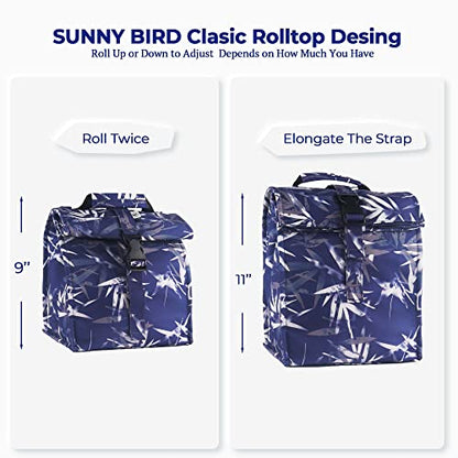 SUNNY BIRD Insulated Lunch Bag Rolltop Lunch Box (Blue Bamboo) - color: Blue Bamboo