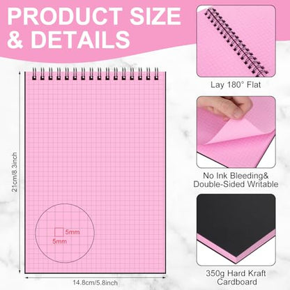 Engrowtic 2 Pack Graph Paper Spiral Notepad A5 Top Wirebound Notepad Grid Notebook Steno Pad Memo Notebook Grid Paper 140 Pages for Writing Sketching Drawing Office Supply(Black (internal Pink)) - color: Black(internal Pink)