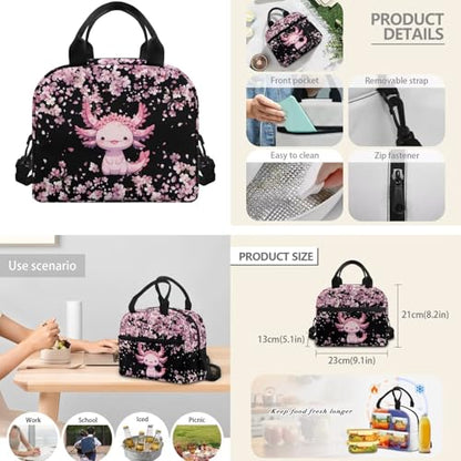 CLOHOMIN 3 in 1 Backpack with Lunch Box for Kids Cute Axolotl Bookbag for School Girls Lunch Bag and Water Bottle Bag Cherry Blossom Schoolbag for Elementary Middle School, 17 Inch - color: Axolotl Cherry Blossom