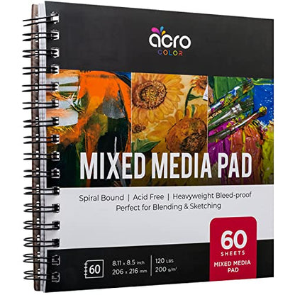 Mixed Media Sketchbook 8.11” x 8.5” | Spiral Bound Sketch Pad With Thick, Heavyweight Paper, 200 GSM, 120 LBS | Art Sketch Book For All Wet & Dry Media - Watercolor, Paint, Pencils, Charcoal, Pens |