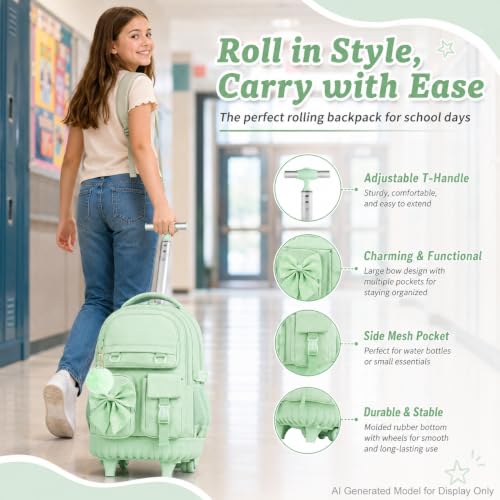 HPJGD 3PCS Girls Rolling School Backpack, Green Bow Tie Wheeled Backpacks, Water-Resistant Roller Bookbag Set - color: Green Bowknot Rolling Backpack Set
