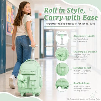 HPJGD 3PCS Girls Rolling School Backpack, Green Bow Tie Wheeled Backpacks, Water-Resistant Roller Bookbag Set - color: Green Bowknot Rolling Backpack Set