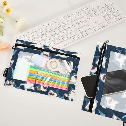 Gredecor 3 Ring Binder Pencil Pouch, Cartoon Sharks Big Mouth Zippered Pen Case Pouches with Clear Window, 2 Pack Stylish Office & School Supplie - color: Cartoon Sharks Big Mouth