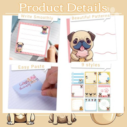 Pug Sticky Notes Gifts - 9 Pack Pug Notepads 3x3 Inch Gifts for Dog Lovers, Cute Dog Self-Adhesive Memo Pads Office School Supplies for Friends Coworkers (450 Sheets) - style: Pug