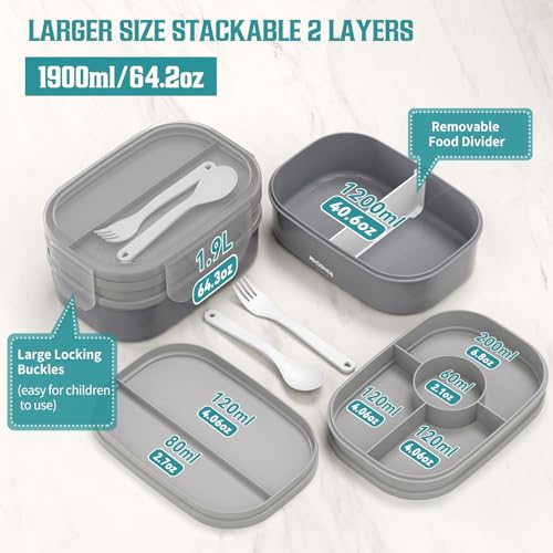 RIKDOKEN Bento Lunch Box, Stackable 2 Layers Containers with Compartments, Portable 64OZ Large Capacity Leakproof Bento Box with Spoon & Fork & Lunch Bag, Microwave Safe Lunch Box for Kids and Adults - color: Gray