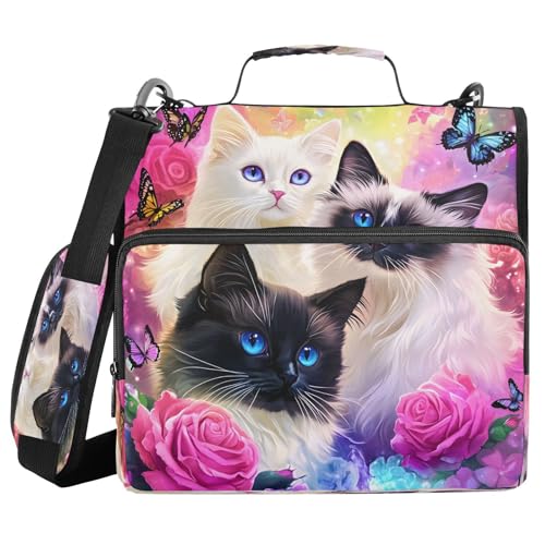 3 Ring Zipper Binder Cats Butterfly Pink Floral Binders Bag with Shoulder Strap 500 Sheets Paper Organizer Trapper Keeper Documents Storage File Folder for School Office - color: A500