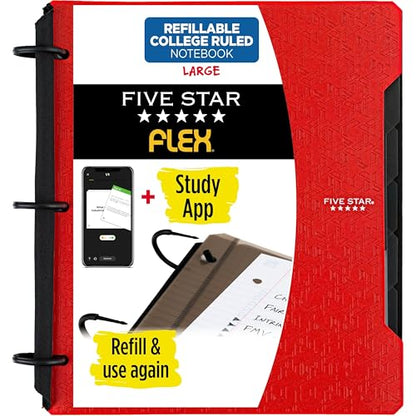 Five Star Flex Refillable Notebook + Study App, College Ruled Paper and 1 Inch TechLock Ring Binder with Pockets, Tabs and Dividers, 200 Sheet Capacity, Fire Red (29328AB2) - color: Red, size: 1 Count (Pack of 1)