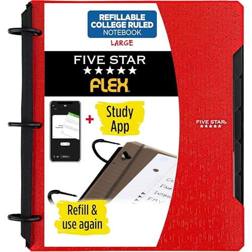 Five Star Flex Refillable Notebook + Study App, College Ruled Paper and 1 Inch TechLock Ring Binder with Pockets, Tabs and Dividers, 200 Sheet Capacity, Fire Red (29328AB2) - color: Red, size: 1 Count (Pack of 1)