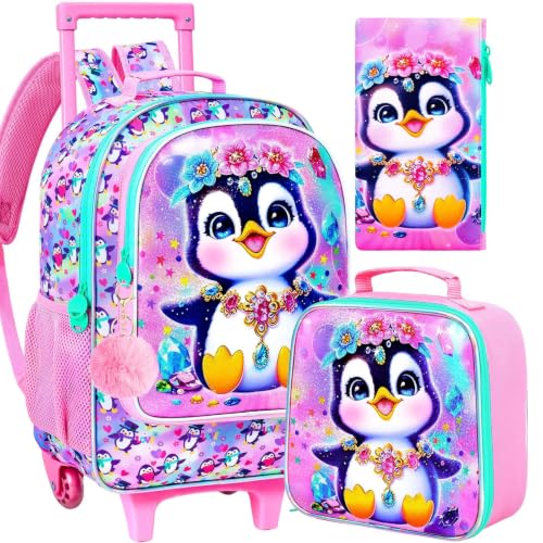 3Pcs Rolling Backpack for Girls, Kids Roller School Backpack with Wheels, Penguin Wheeled Bookbag for Elementary Preschool Kindergarten(Pink) - color: Penguin Pink