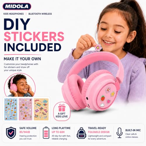 MIDOLA Kids Bluetooth Headphones 68H Play Time,Volume Limit 85/94dB, Foldable Lightweight Wireless Over-Ear Headphone for Toddler Kid Child Pad,Headsets with Aux Built-in Mic Pink - color: Pink