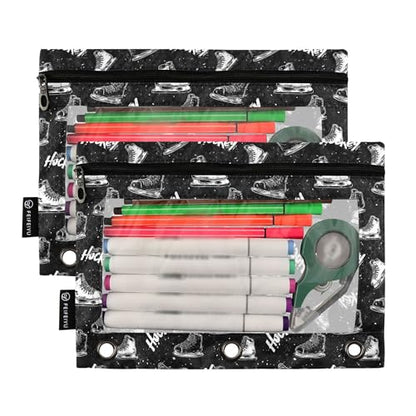 Black Hockey Player Binder Pouches 3 Ring for Boys Girls School Office College Supplies Slapshot Sports Ice Ball Pencil Pouches Case Bag with Clear Window and Zipper 2 Pack - color: Black Hockey