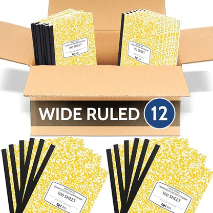 12 Pack - EPI Wide Ruled Marble Composition Notebook - Yellow 200 Page Note Book - 9.75 x 7.5 Inch Hardcover Journal with Sewn Binding for Secure Pages - Classroom Back to School Supplies - color: Yellow, size: 12
