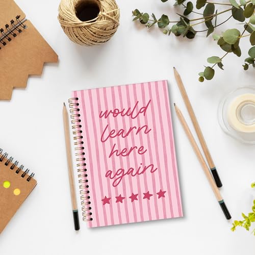 Pink Preppy Funny Classroom A5 Spiral Notebook Gifts for Girls, Pink Striped Hardcover Daily Journal Notebooks Lined for School Note Taking, Would Learn Here Again Composition Notebook 5.5x8.3 - color: learn