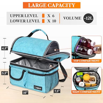 opux Insulated Lunch Bag Women Men, Dual Compartment Leakproof Lunch Box Adults Kids, Double Decker Meal Prep Bento Lunch Cooler Tote with Shoulder Strap for Work Office School Travel, Teal Blue - color: Heather Sea Blue