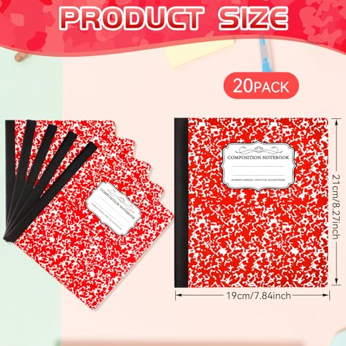 Seajan 20 Pack Composition Notebooks, Wide Ruled Paper, 7-1/2" x 9-3/4" Marble Hard Covers, 60 Sheets, Composition Notebooks Bulk for Students Back to School Adults Office Supplies(Red) - color: Red