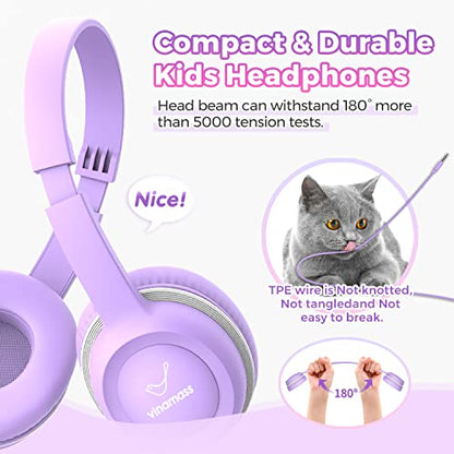 Vinamass A63 Kids Headphones, Wired, On Ear, Safe Volume Limiter 85dB, Comfortable, Perfect Fit for Kids, Boys, Girls, School, Classroom, Teens, Children