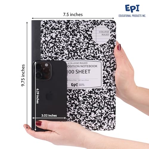 12 Pack - EPI College Ruled Composition Notebook Black - 200 Pages (100 Sheets), 9-3/4 x 7-½ - Classroom Back to School Supplies, Heavy Duty, Durable Hardcover Office Notebooks, Sewn - size: Pack of 12, style: College Ruled