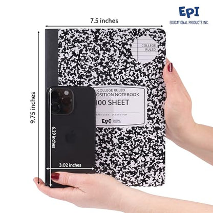 12 Pack - EPI College Ruled Composition Notebook Black - 200 Pages (100 Sheets), 9-3/4 x 7-½ - Classroom Back to School Supplies, Heavy Duty, Durable Hardcover Office Notebooks, Sewn - size: Pack of 12, style: College Ruled