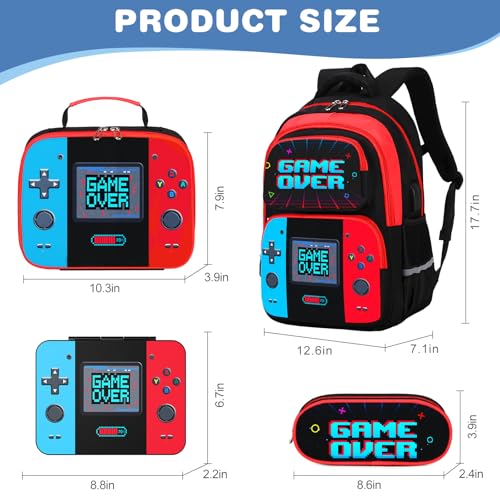 Bevalsa Kids Backpack for Boys with Bento Lunch Box, Insulated Bag & Utensils, 43oz Lunch Containers with 6 Compartment, Gamer Backpack School Bags for Elementary Middle School Student (Red Blue) - color: Red Blue