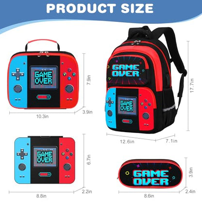 Bevalsa Kids Backpack for Boys with Bento Lunch Box, Insulated Bag & Utensils, 43oz Lunch Containers with 6 Compartment, Gamer Backpack School Bags for Elementary Middle School Student (Red Blue) - color: Red Blue